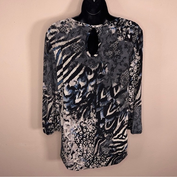 XL VINTAGE 90s PERSEPTION LEOPARD ANIMAL PRINT BLOUSE TOP STRETCH BLUE BLACK - Picture 5 of 9